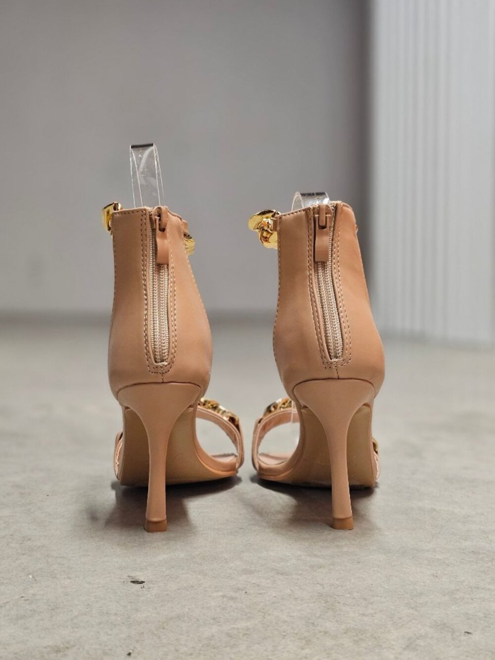 Gold Chain Embellished Nude Stiletto Heels With Ankle Strap - Sleek & Elegant Op - Picture 10 of 14